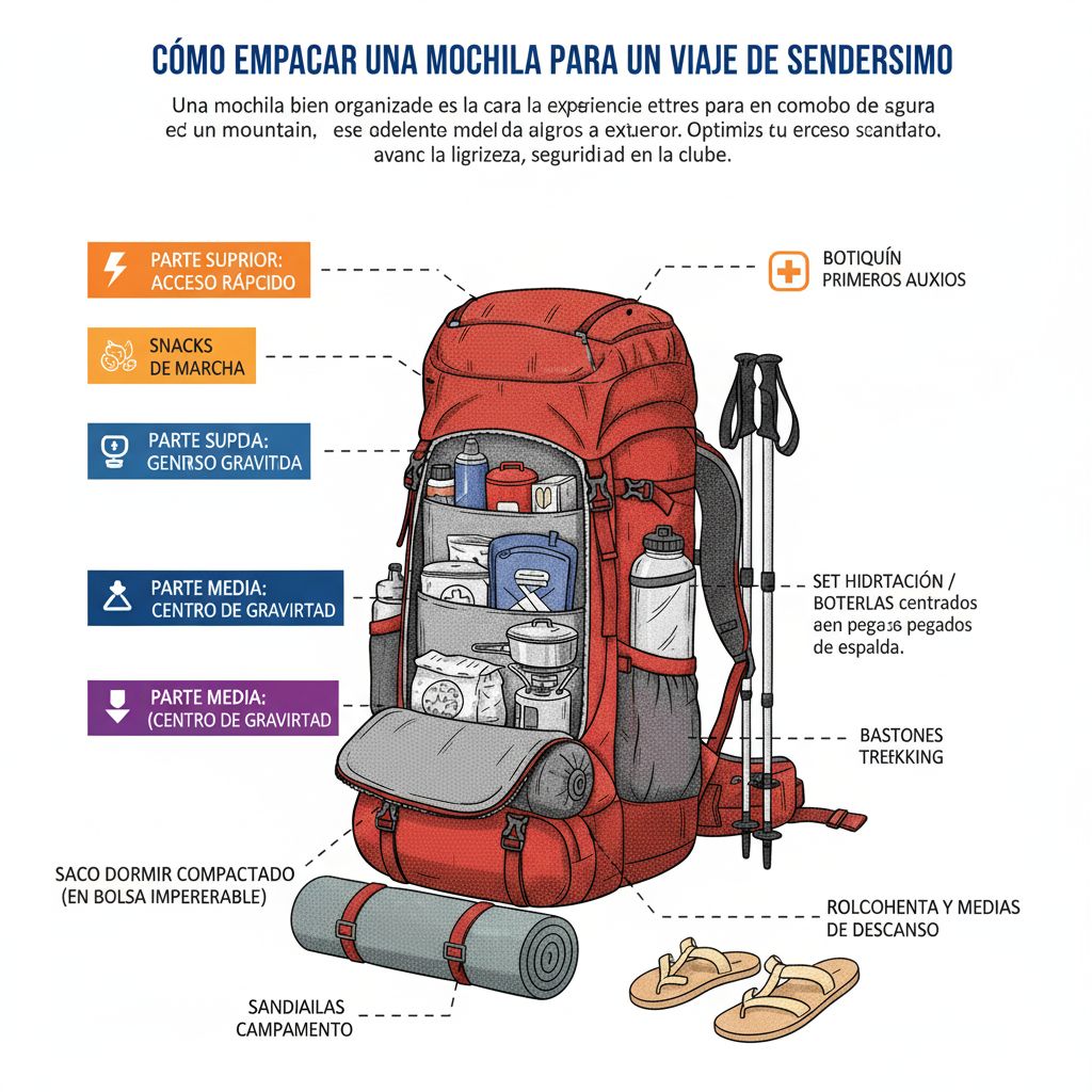 Mochila de senderismo empacada con equipo y accesorios para la caminata.